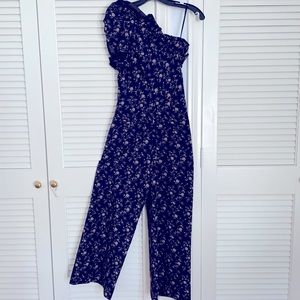 Floral jacquard one shoulder jumpsuit